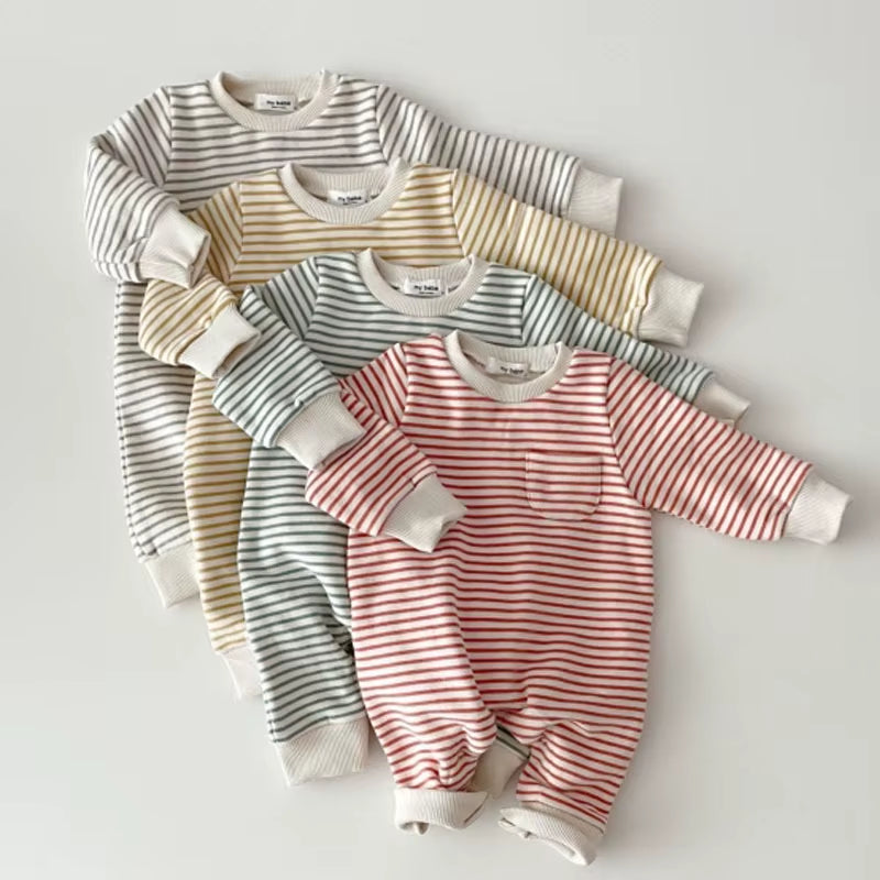 2025 Spring New Baby Striped Romper Boys Girls Simple Striped Casual Jumpsuit Winter Infant Fleece Warm Clothes