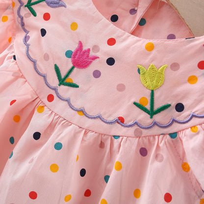 Blooming Beauty: Embroidered Cotton Baby Dress with Polka Dot Print
