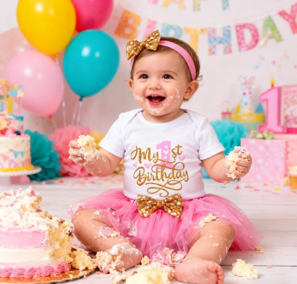 Baby Girl Birthday Cake Smash Outfit Toddler Girl My 1St Birthday Romper Tutu Skirt with Headband Clothes Set