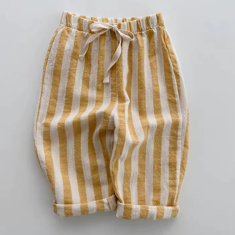 TinyTrend™ Vintage Cotton Stripe Pants – Unisex Casual Trousers with Pockets for Toddlers