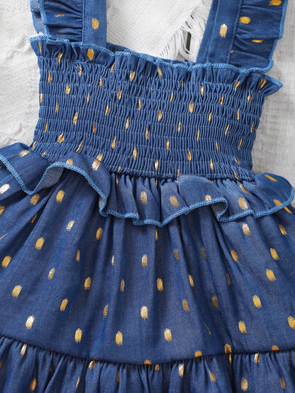 Golden Bloom – Baby Girl Blue Slip Dress with Gold Dots and Matching Headband Set