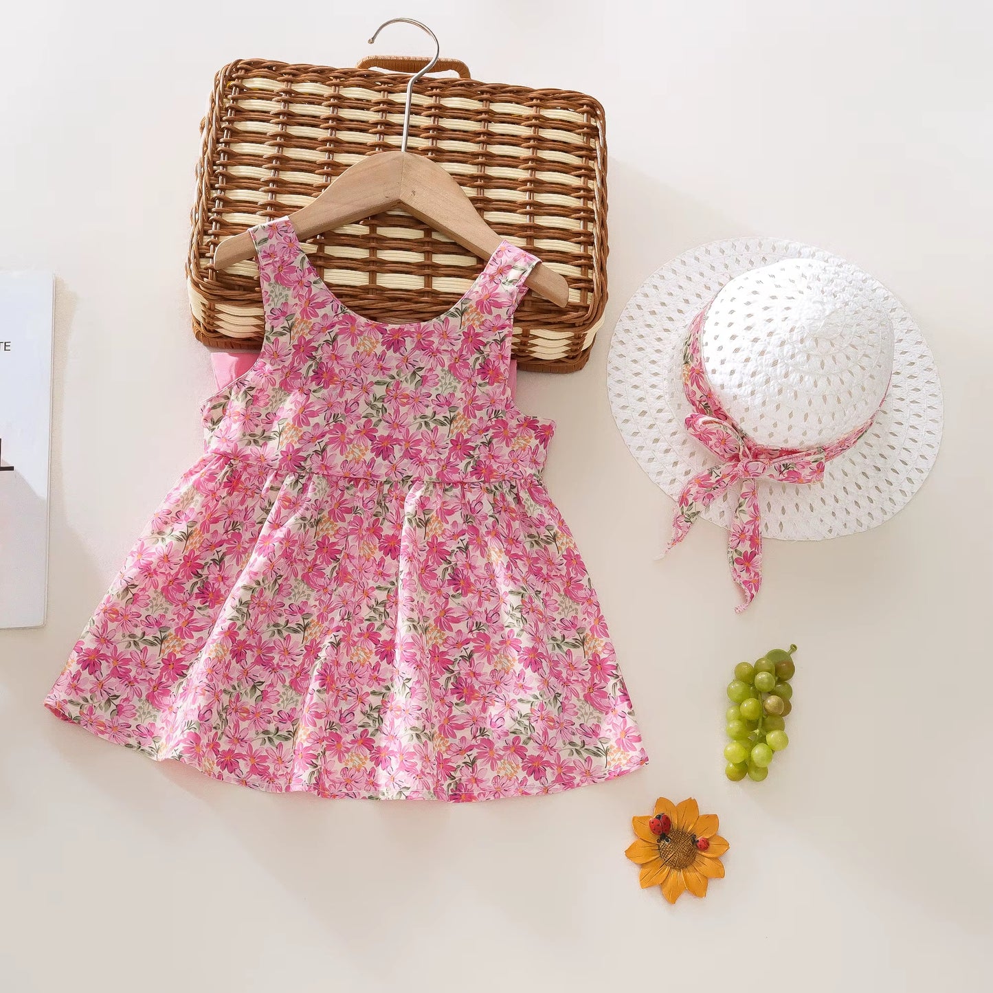 Summer 2-Piece Baby Dress+Sun Hat Bow Strap Floral Baby Girl Dress Soft and Comfortable Children'S Clothing