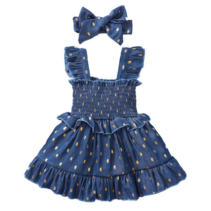 Golden Bloom – Baby Girl Blue Slip Dress with Gold Dots and Matching Headband Set